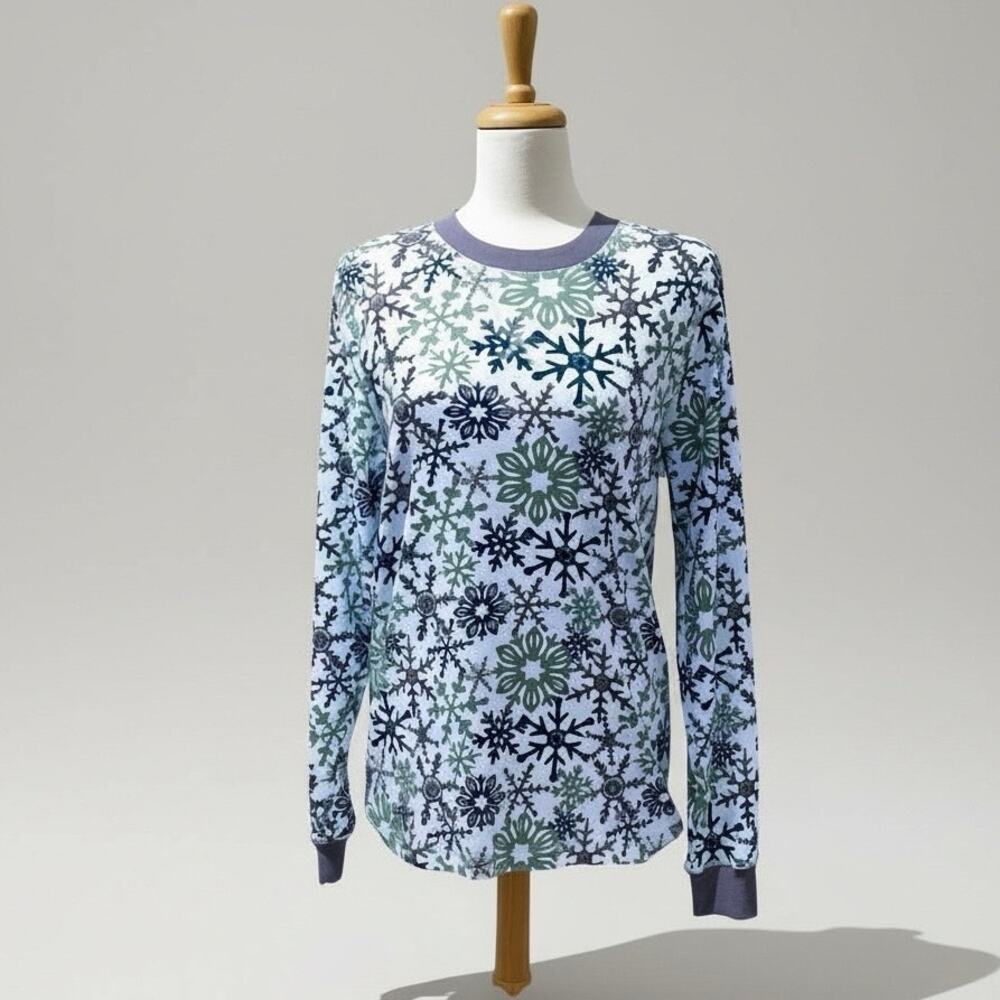 Pact Organic Cotton Pajama Top Sz M Purple Snowflakes Long Sleeve Cozy‎ Holiday